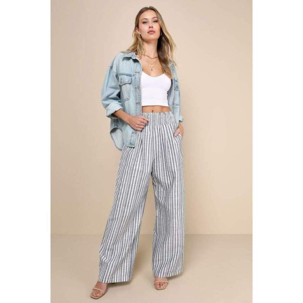 NWT Lulus Breezy Getaway Blue And White Striped Linen Wide-leg Pants - Size M